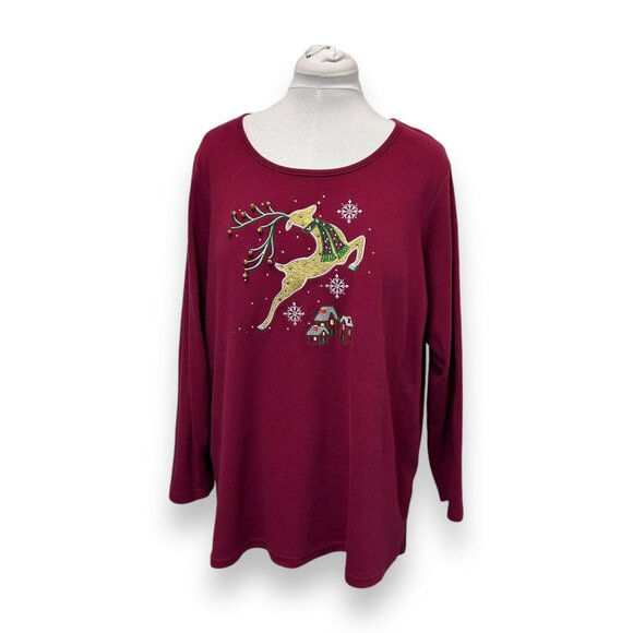 Quacker Factory Women’s Reindeer Embroidered Sequins 2X Christmas Top - Picture 1 of 10